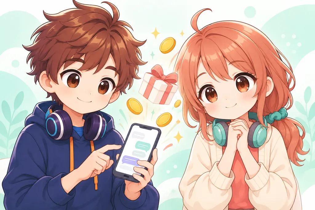 スマホから金貨とプレゼント箱が出てくるイラスト