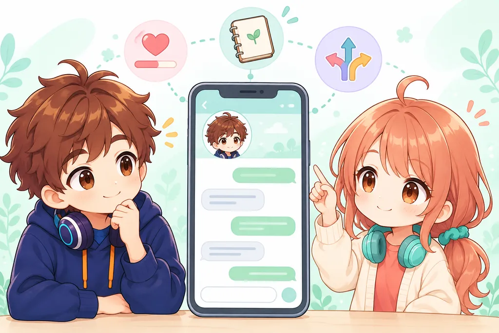 スマホの中のAIキャラクターと、記憶・好感度・物語の分岐を表すアイコン