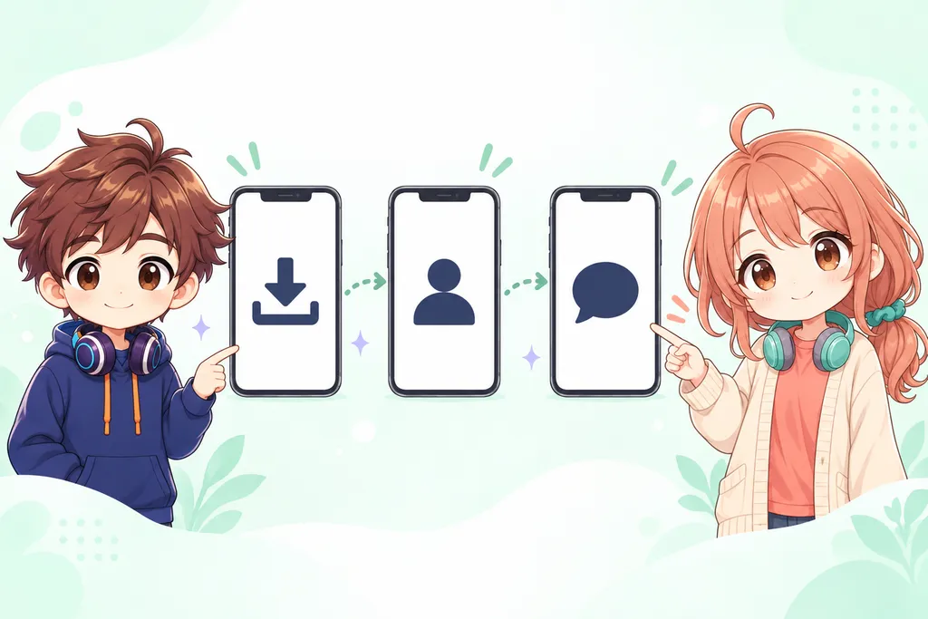 3台のスマホで、インストール・登録・会話の流れを矢印でつないだ図
