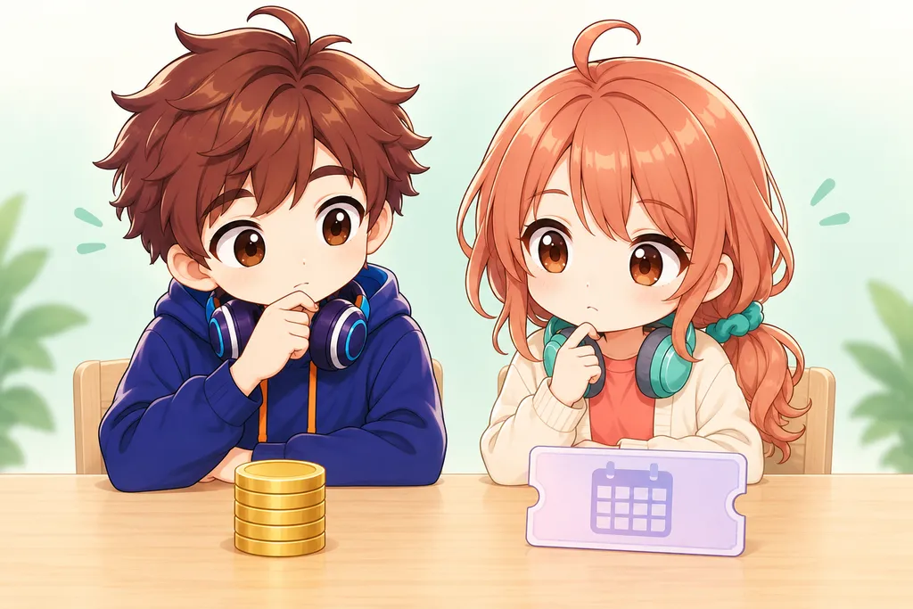 金貨の山とカレンダー柄のチケットを見比べるイラスト