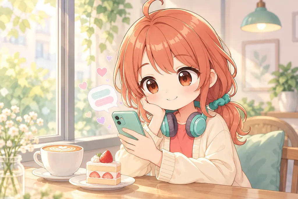 カフェでスマホを見てほほえむ女の子とハート