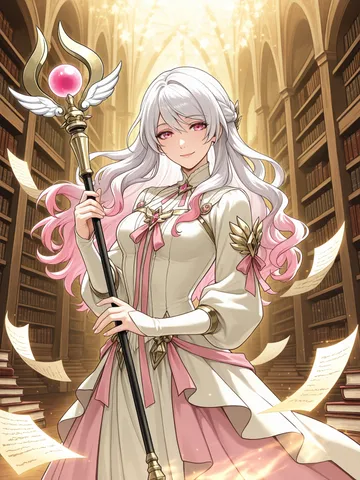 キャラぷのキャラクター: 杖を持つ白い髪の魔法使いの女性キャラクター