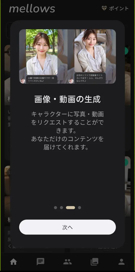 起動時の説明。キャラクターに写真・動画をリクエストできる