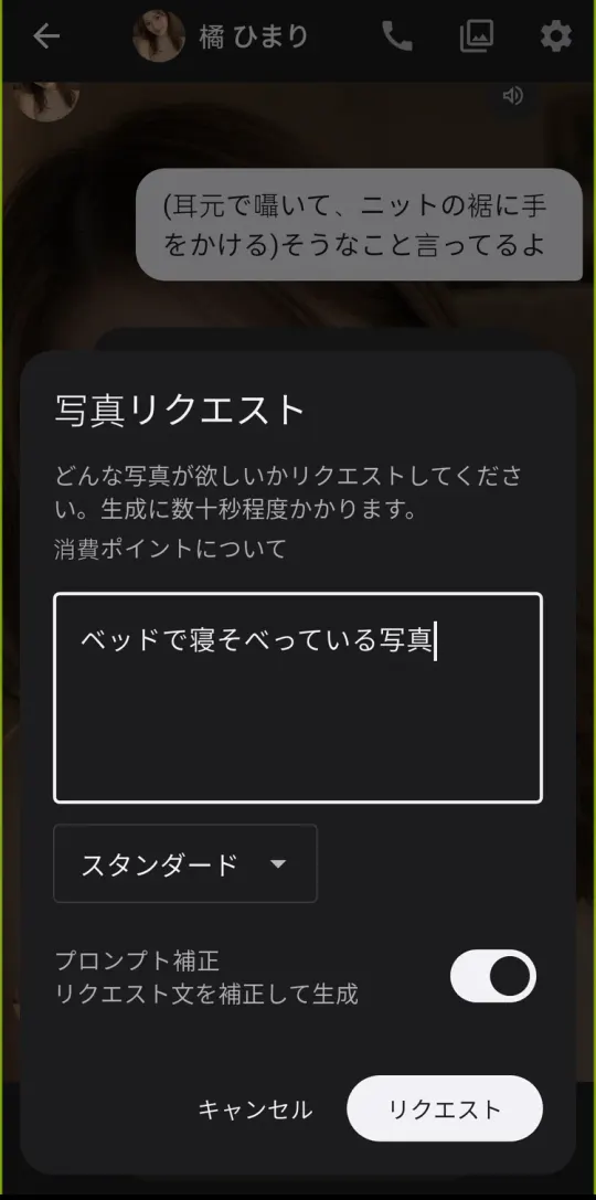 写真リクエストの入力画面。「ベッドで寝そべっている写真」と入力、プロンプト補正がオン