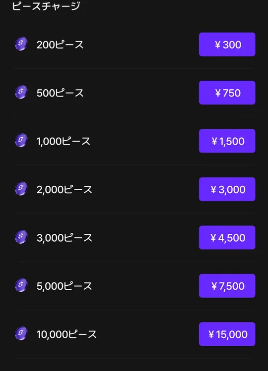 ピースのチャージ一覧。200ピース300円から10,000ピース15,000円まで