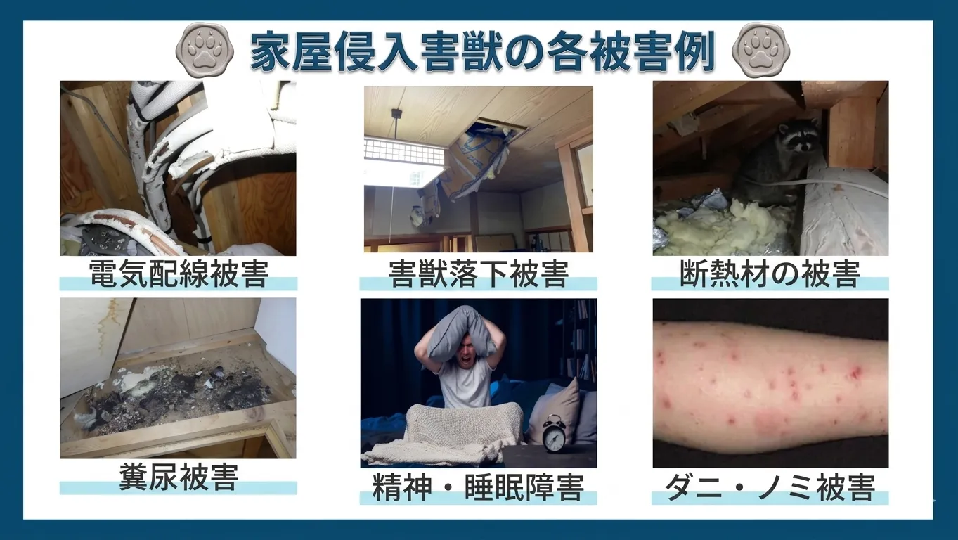 害獣被害の実例：火災・建材腐食・感染症・ダニノミ