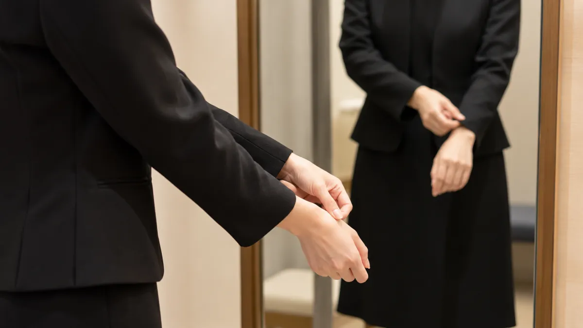 鏡の前で喪服のジャケットの袖口を整え、袖丈を確かめる女性