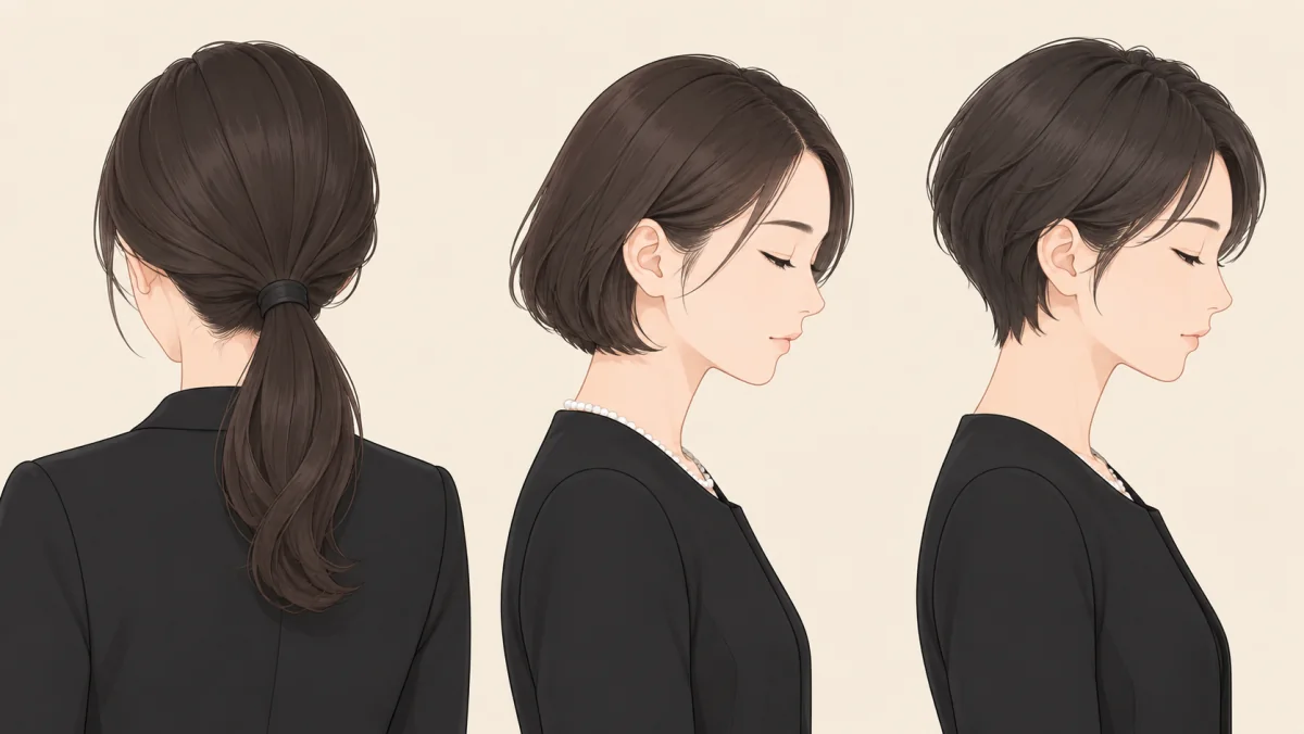 喪服姿の女性の髪型3例のイラスト。黒いゴムで低い位置に一つにまとめたロングの後ろ姿、耳にかけたボブ、ショート