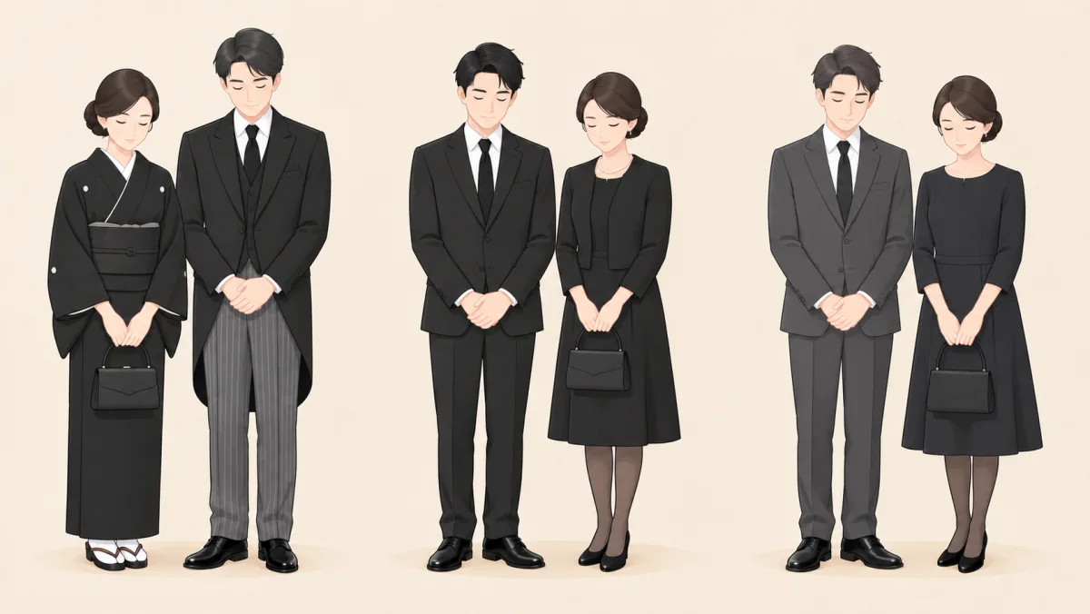 正喪服・準喪服・略喪服の男女3組のイラスト。左から和装とモーニングコート、黒のスーツとアンサンブル、グレーのスーツと濃い色のワンピース