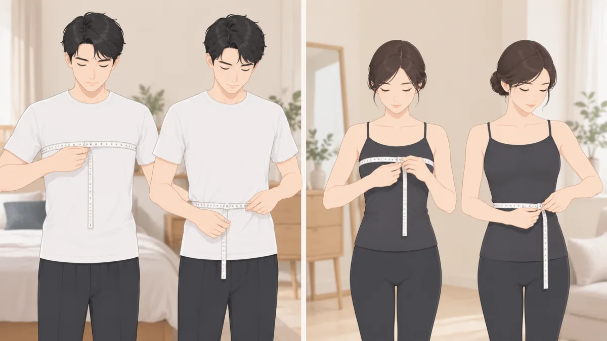 Tシャツ姿の男性とキャミソール姿の女性が、メジャーで胸まわりとウエストを測るイラスト