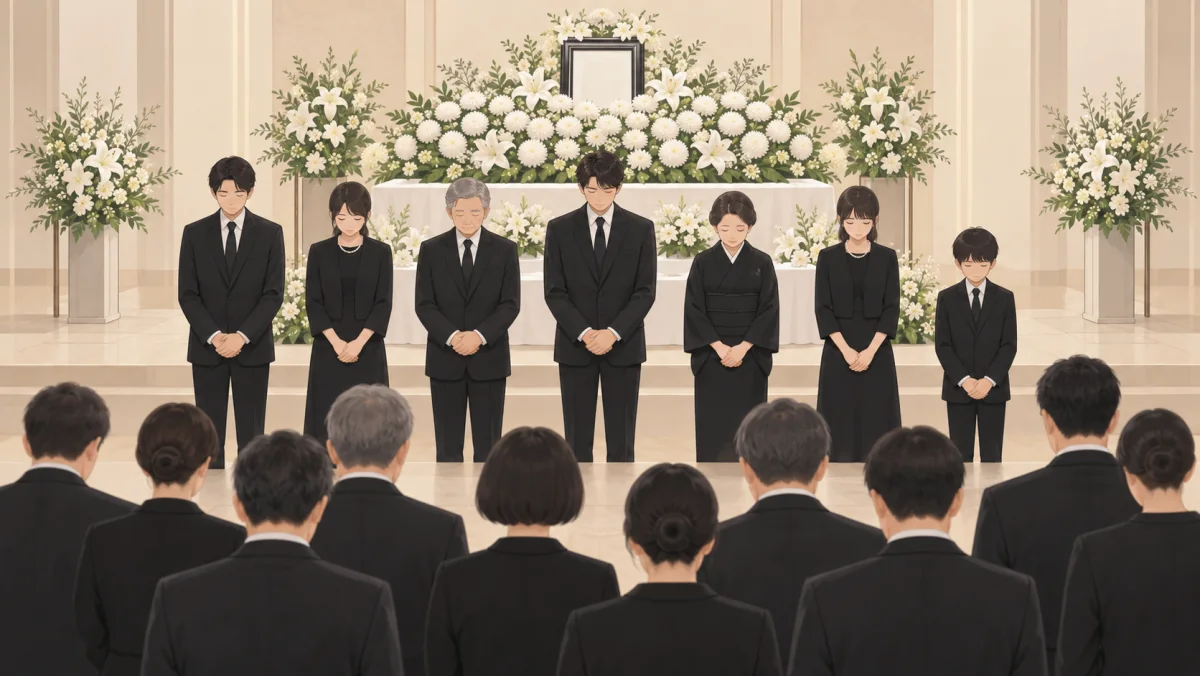 祭壇の前に並んで一礼する遺族と、向かい合って立つ参列者の後ろ姿のイラスト。遺族には和装の女性や子どももいる