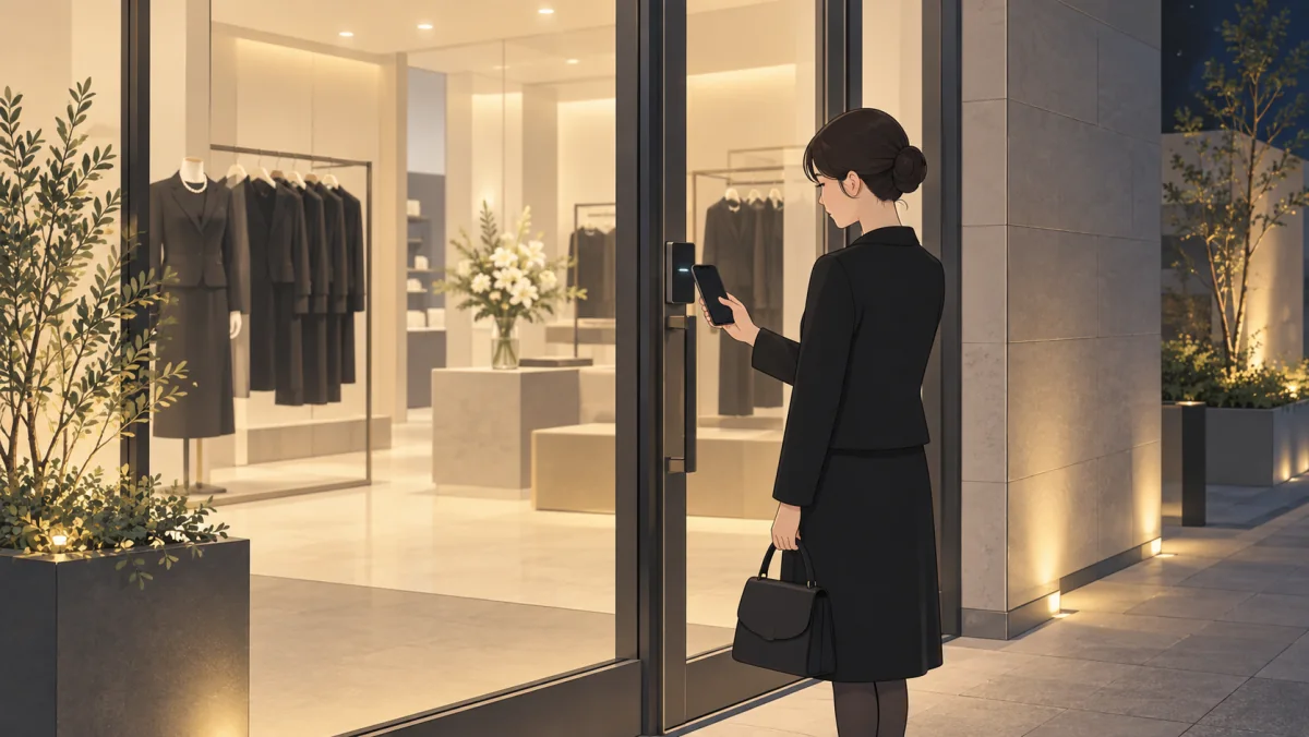 夜、黒い服の女性がスマートフォンを手に、明かりのついた店舗のガラス扉の前に立つイラスト。店内には喪服が並び、店員はいない