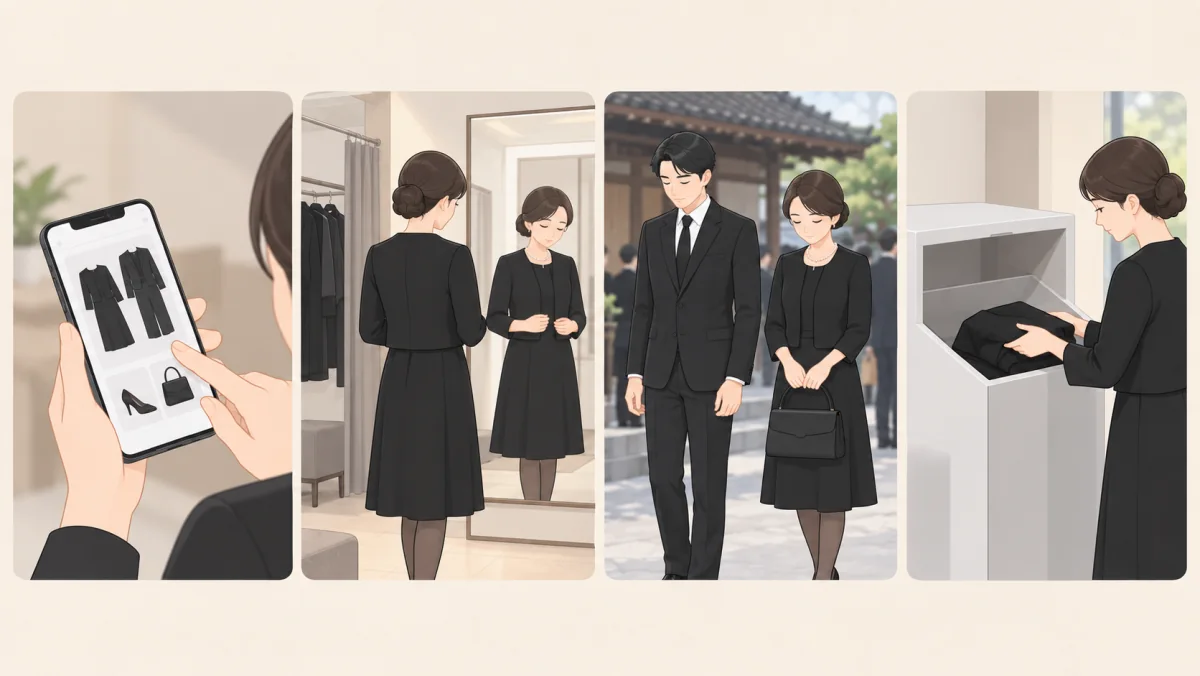 スマートフォンで喪服を予約し、店内の鏡の前で試着し、喪服で参列して、返却ボックスに返すまでの4場面のイラスト