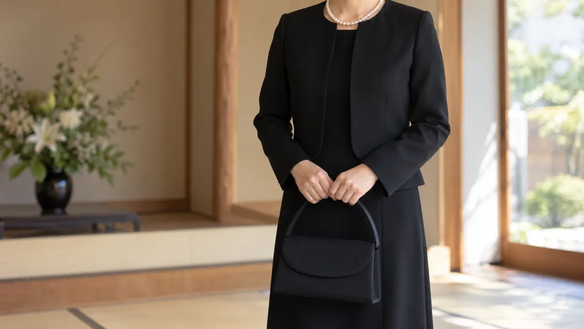 和室で黒のジャケットとワンピースに一連のパールのネックレスをつけ、黒の布製バッグを持つ女性