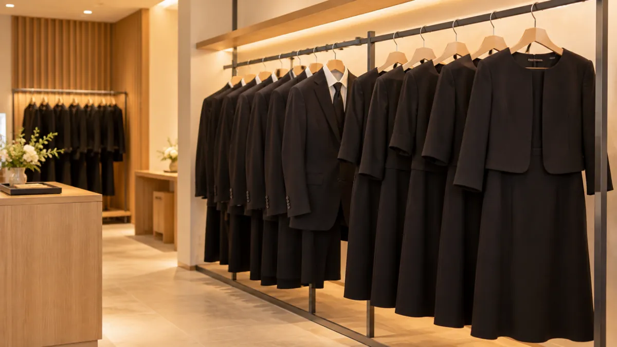黒の喪服のスーツとワンピースがハンガーに並ぶ店内
