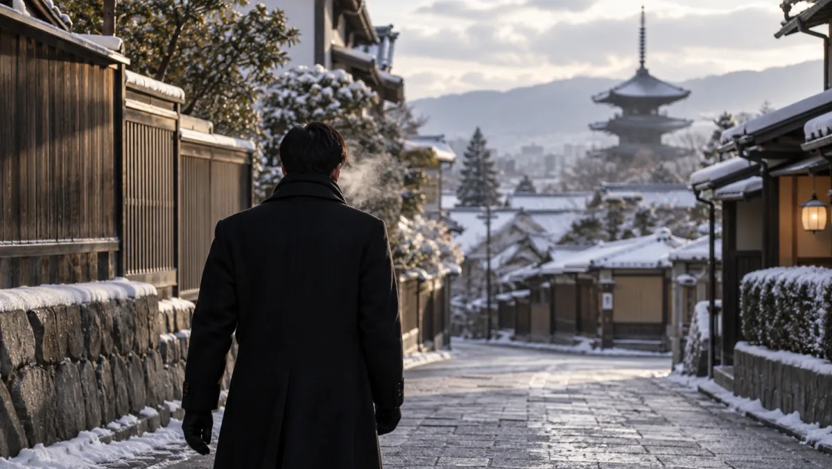 雪の積もった石畳の道を歩く、黒のロングコートと黒の手袋を身につけた男性の後ろ姿
